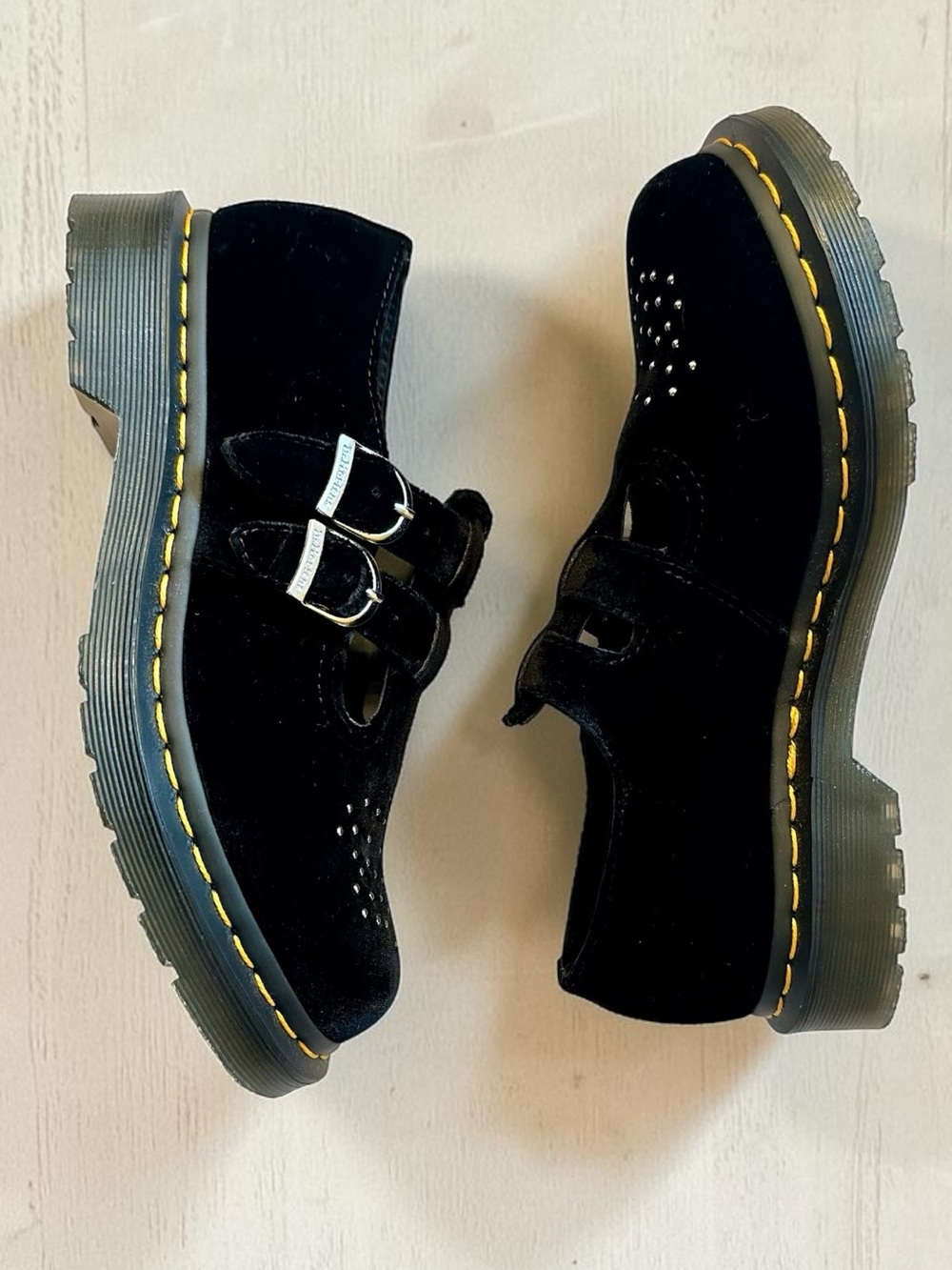 Dr. Martens Black Suede Mary Jane Flats with Yellow Stitching